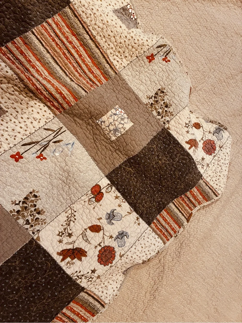 Cottagecore farm core granny core Patchwork king Quilt Brown Cream pillow shams